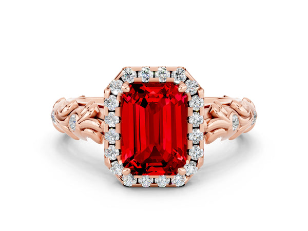Rose gold Emerald Cut Ruby Halo Ring with Filigree Band and Prong Setting