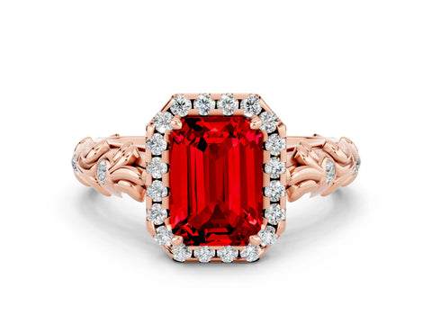 Rose gold Emerald Cut Halo Diamond Solitaire with Filigree Band and Four-Prong Setting
