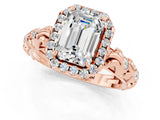Rose gold Emerald Cut Halo Diamond Solitaire with Filigree Band and Four-Prong Setting_1