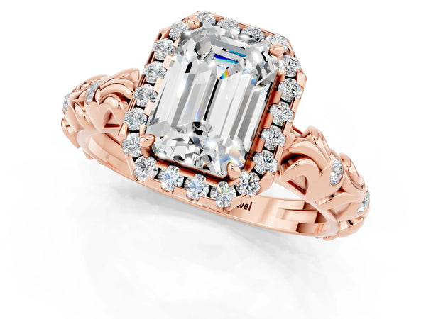 Rose gold Emerald Cut Moissanite Halo Ring with Filigree Band and Prong Setting