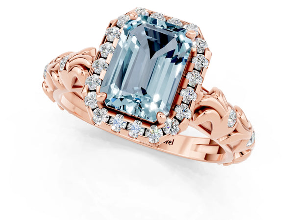 Rose gold Emerald Cut Aquamarine Halo Ring with Filigree Band and Prong Setting