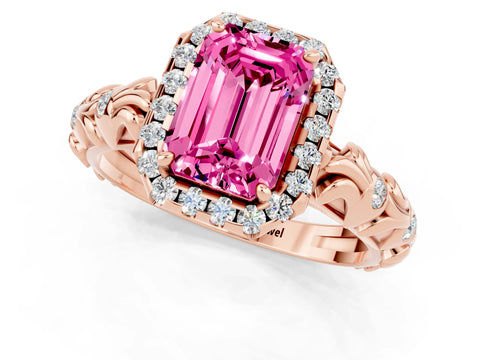 Rose gold Emerald Cut Halo Diamond Solitaire with Filigree Band and Four-Prong Setting_1
