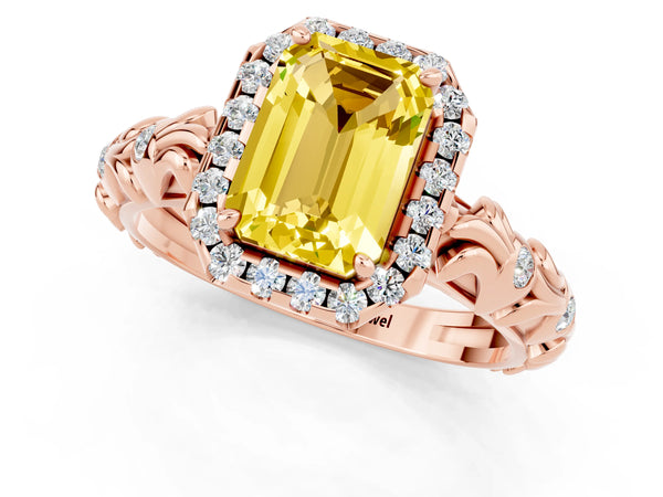 Rose gold Emerald Cut Yellow Sapphire Halo Ring with Filigree Band and Prong Setting