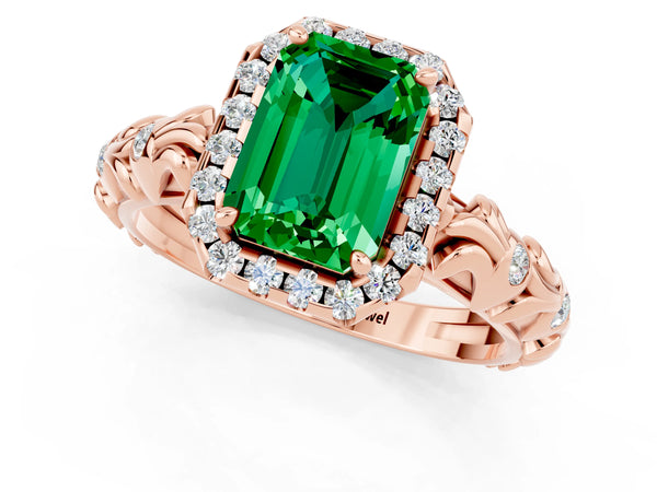 Rose gold Emerald Cut Emerald Halo Ring with Filigree Band and Prong Setting