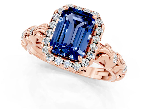 Rose gold Emerald Cut Blue Sapphire Halo Ring with Filigree Band and Prong Setting