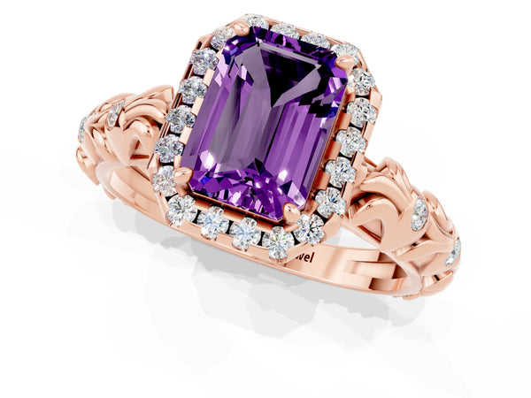 Rose gold Emerald Cut Amethyst Halo Ring with Filigree Band and Prong Setting