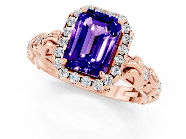 Rose gold Emerald Cut Tanzanite Halo Ring with Filigree Band and Prong Setting