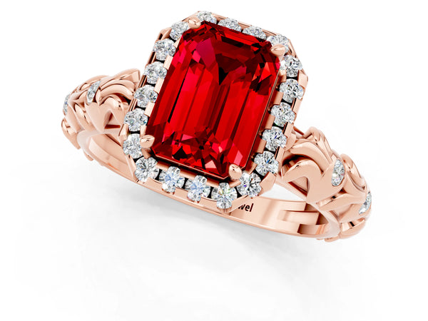 Rose gold Emerald Cut Ruby Halo Ring with Filigree Band and Prong Setting