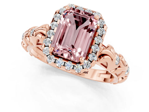Rose gold Emerald Cut Halo Diamond Solitaire with Filigree Band and Four-Prong Setting_1