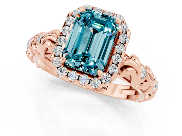 Rose gold Emerald Cut Halo Diamond Solitaire with Filigree Band and Four-Prong Setting