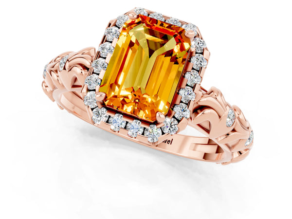 Rose gold Emerald Cut Citrine Halo Ring with Filigree Band and Prong Setting