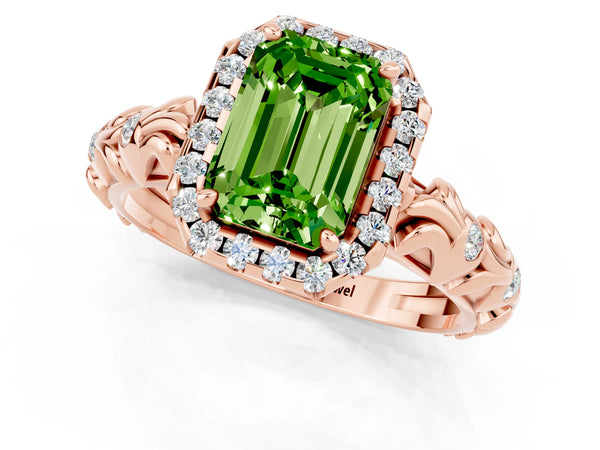 Rose gold Emerald Cut Peridot Halo Ring with Filigree Band and Prong Setting