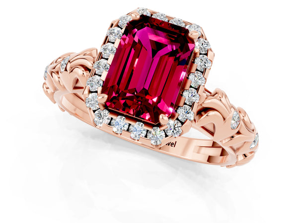 Rose gold Emerald Cut Garnet Halo Ring with Filigree Band and Prong Setting