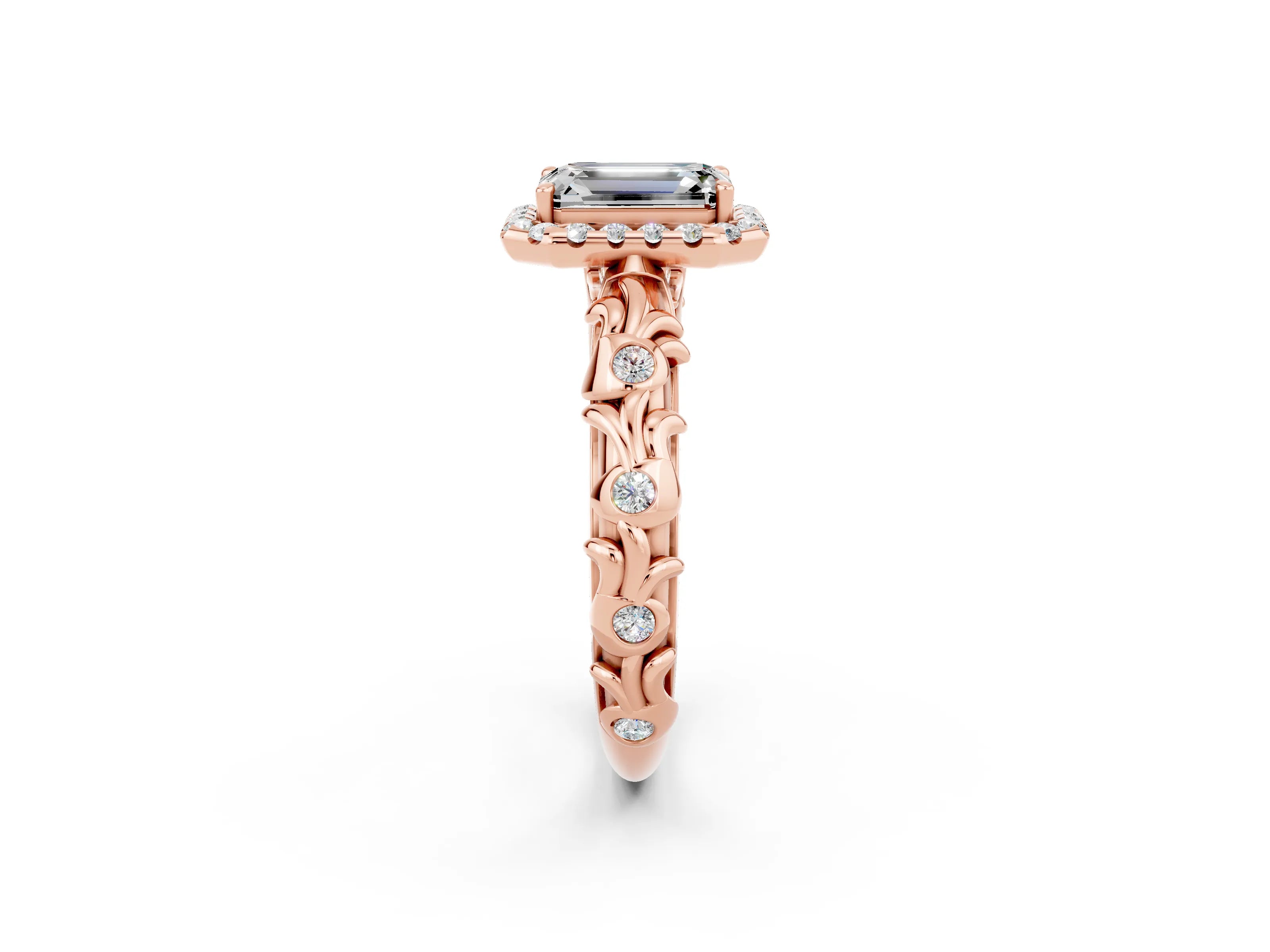 Rose gold Emerald Cut Halo Diamond Solitaire with Filigree Band and Four-Prong Setting_2