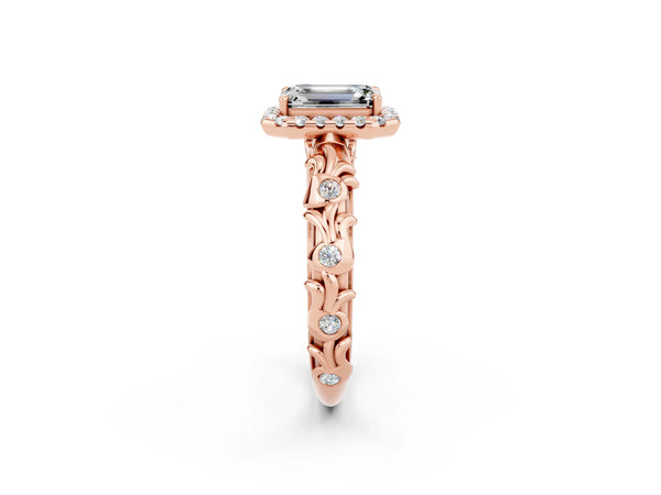 Rose gold Emerald Cut Moissanite Halo Ring with Filigree Band and Prong Setting