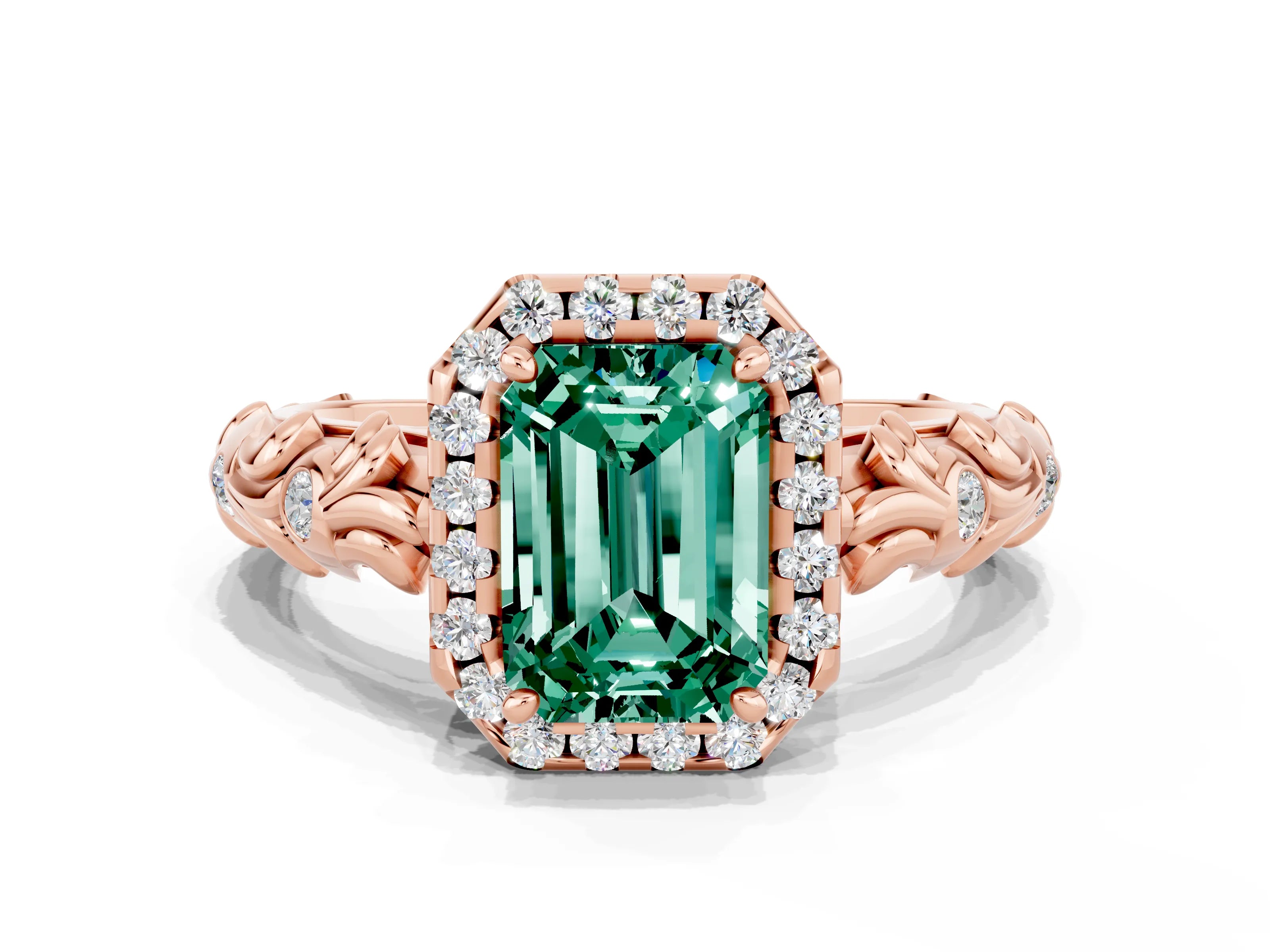 Rose gold Emerald Cut Halo Diamond Solitaire with Filigree Band and Four-Prong Setting