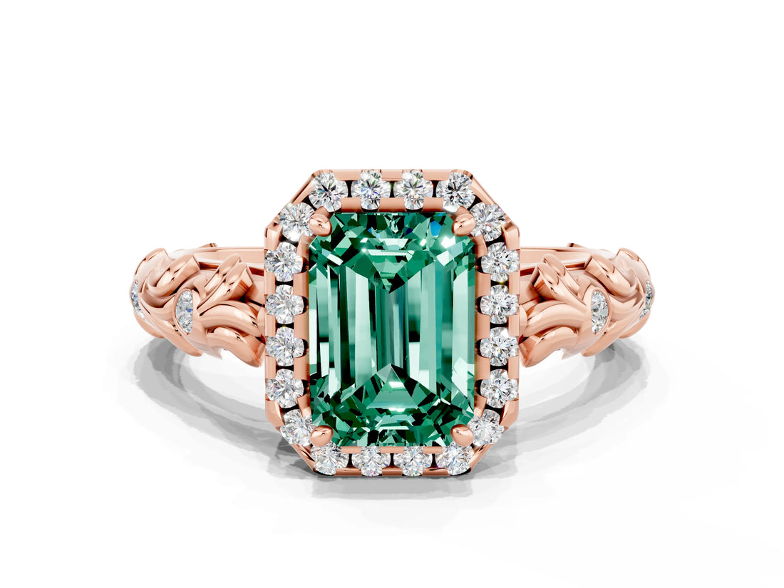 Rose gold Emerald Cut Halo Diamond Solitaire with Filigree Band and Four-Prong Setting