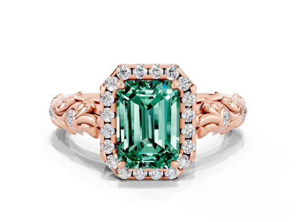 Rose gold Emerald Cut Green Sapphire Halo Ring with Filigree Band and Prong Setting