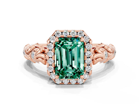 Rose gold Emerald Cut Halo Diamond Solitaire with Filigree Band and Four-Prong Setting