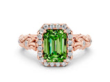 Rose gold Emerald Cut Halo Diamond Solitaire with Filigree Band and Four-Prong Setting