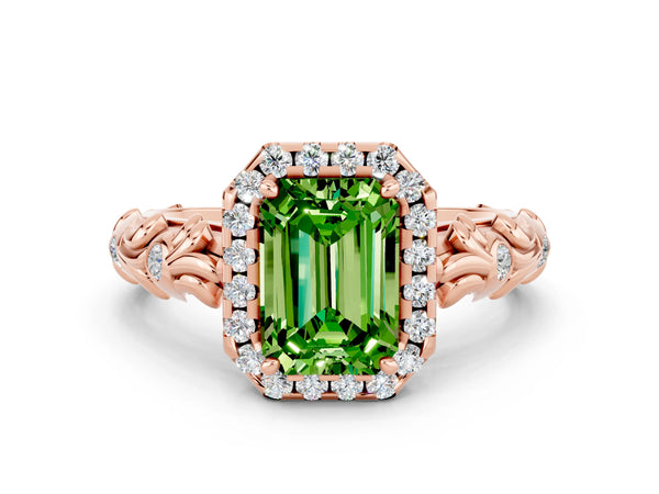 Rose gold Emerald Cut Peridot Halo Ring with Filigree Band and Prong Setting