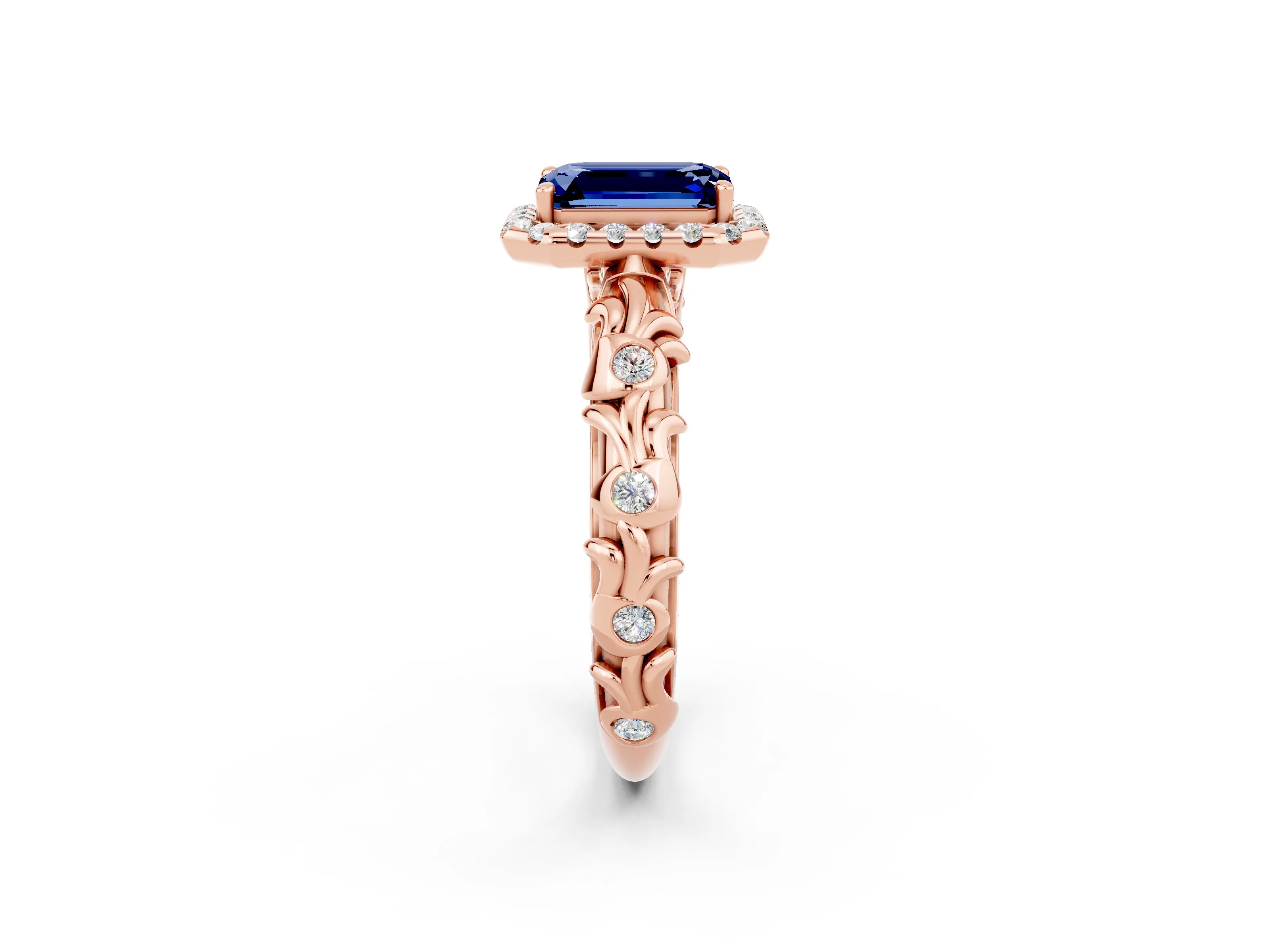 Rose gold Emerald Cut Halo Diamond Solitaire with Filigree Band and Four-Prong Setting_2