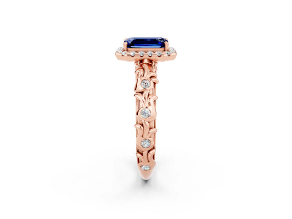 Rose gold Emerald Cut Blue Sapphire Halo Ring with Filigree Band and Prong Setting