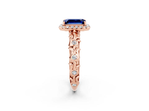 Rose gold Emerald Cut Halo Diamond Solitaire with Filigree Band and Four-Prong Setting_2