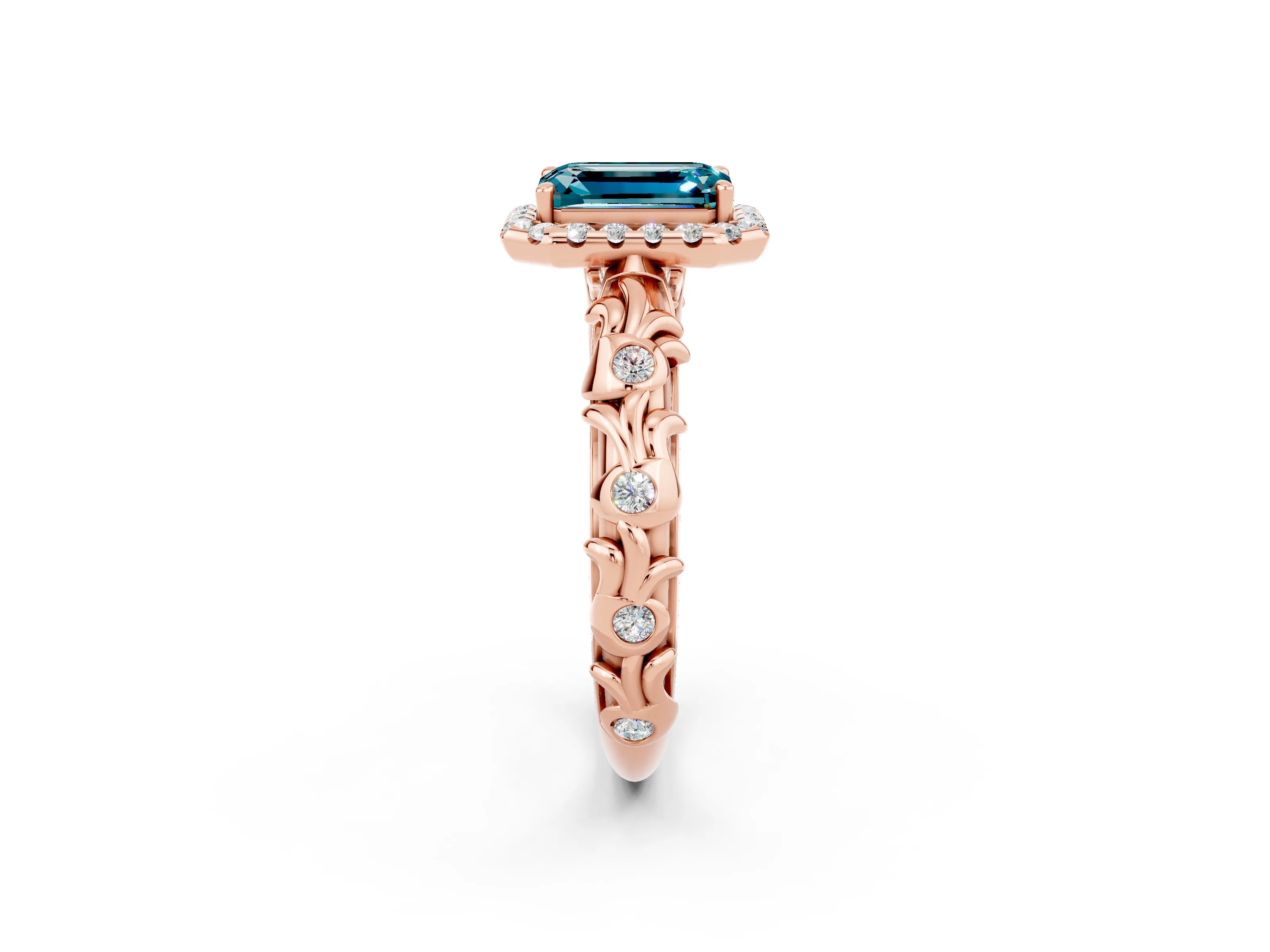 Rose gold Emerald Cut Halo Diamond Solitaire with Filigree Band and Four-Prong Setting_2