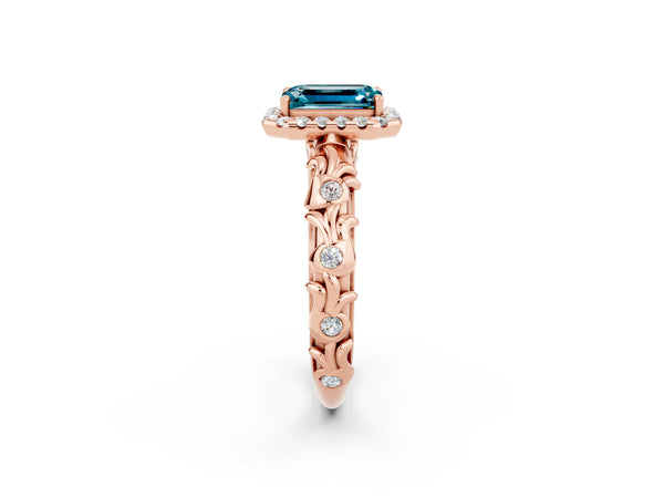 Rose gold Emerald Cut Halo Diamond Solitaire with Filigree Band and Four-Prong Setting