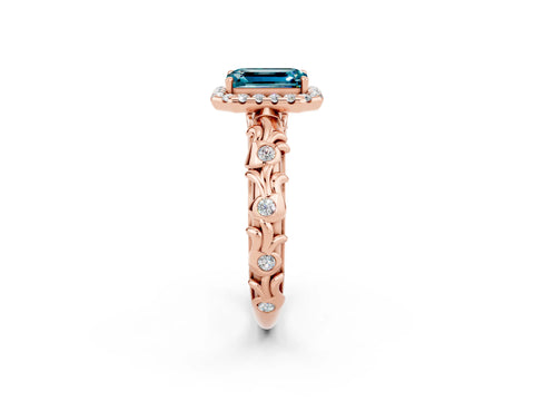 Rose gold Emerald Cut Halo Diamond Solitaire with Filigree Band and Four-Prong Setting_2