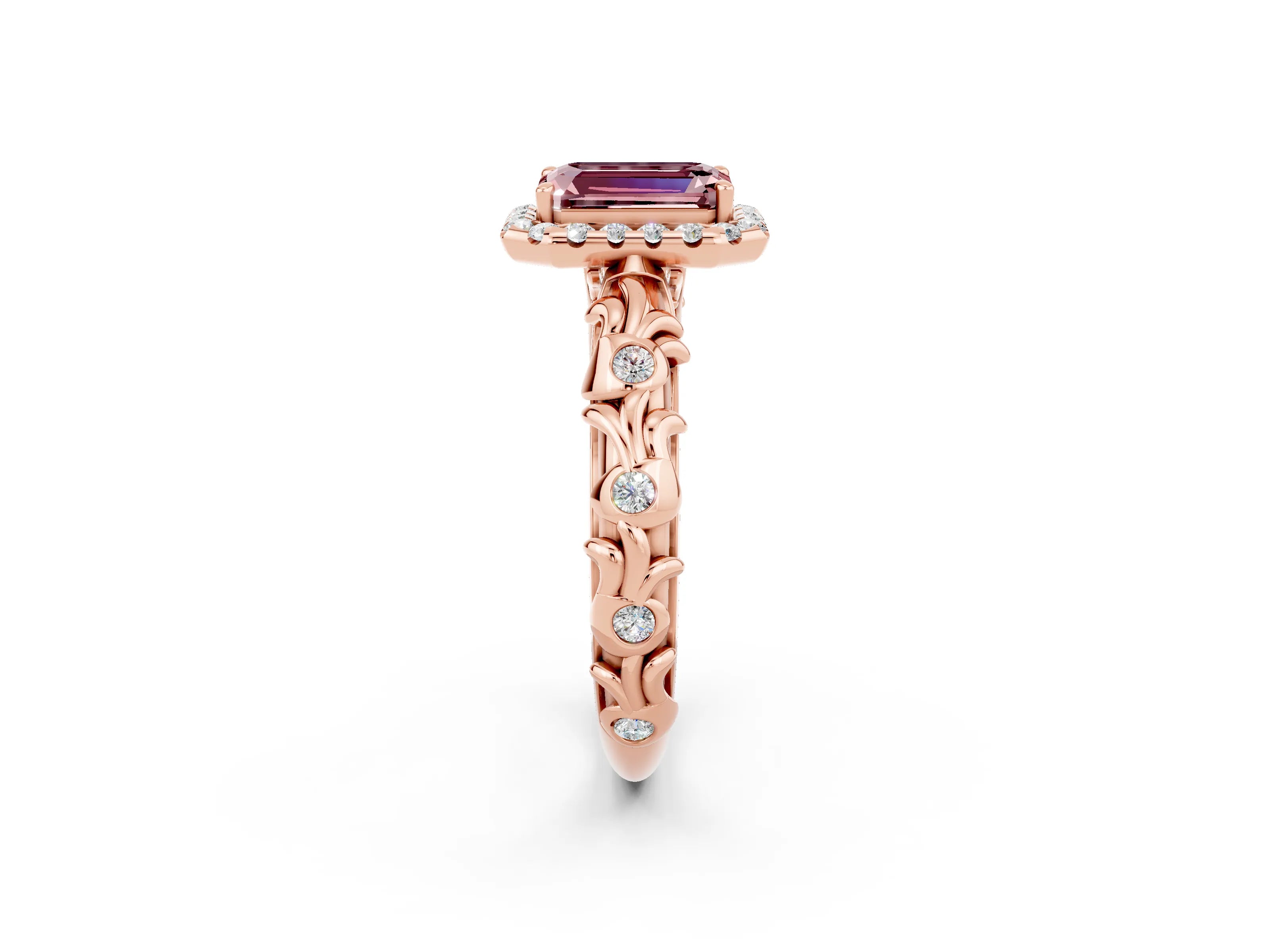 Rose gold Emerald Cut Halo Diamond Solitaire with Filigree Band and Four-Prong Setting_2