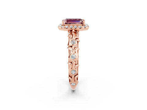 Rose gold Emerald Cut Halo Diamond Solitaire with Filigree Band and Four-Prong Setting_2