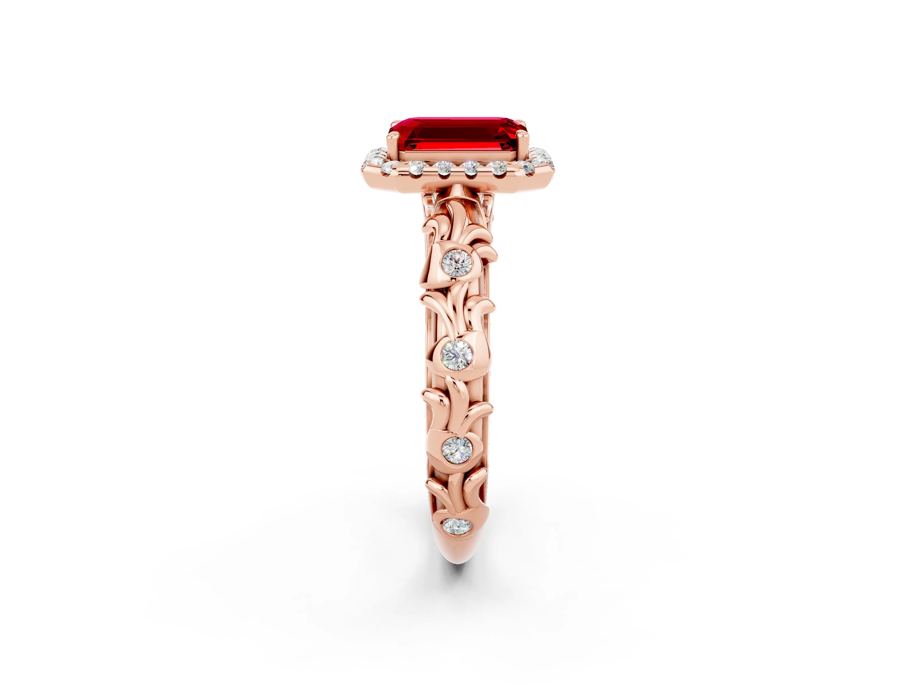 Rose gold Emerald Cut Halo Diamond Solitaire with Filigree Band and Four-Prong Setting_2