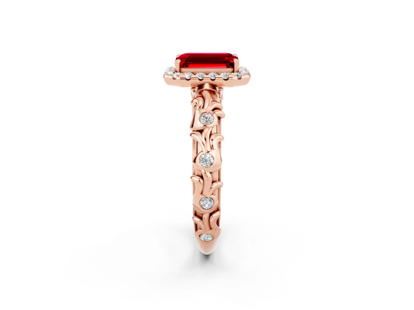 Rose gold Emerald Cut Ruby Halo Ring with Filigree Band and Prong Setting