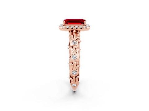 Rose gold Emerald Cut Halo Diamond Solitaire with Filigree Band and Four-Prong Setting_2