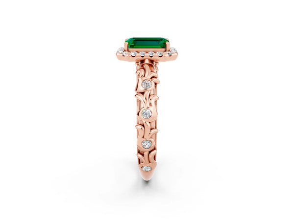 Rose gold Emerald Cut Emerald Halo Ring with Filigree Band and Prong Setting