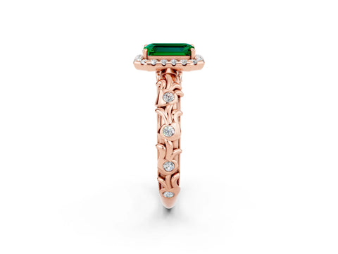Rose gold Emerald Cut Halo Diamond Solitaire with Filigree Band and Four-Prong Setting_2