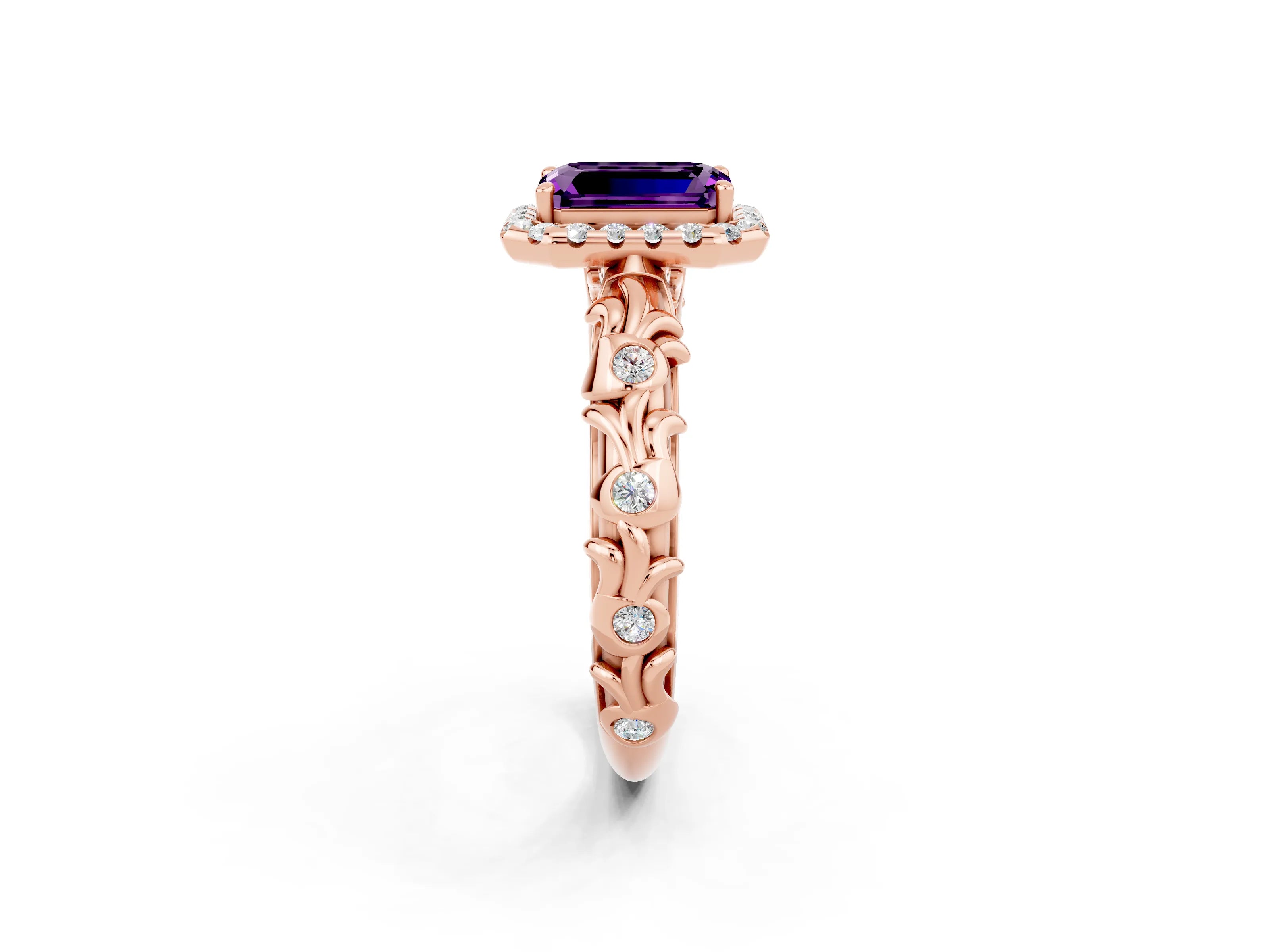 Rose gold Emerald Cut Halo Diamond Solitaire with Filigree Band and Four-Prong Setting_2