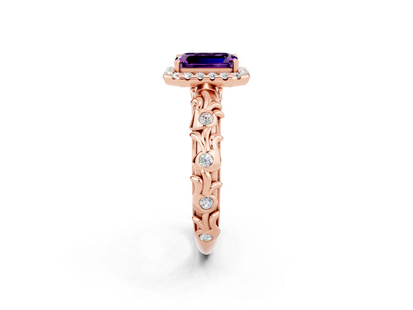 Rose gold Emerald Cut Amethyst Halo Ring with Filigree Band and Prong Setting