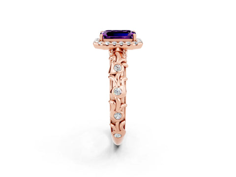 Rose gold Emerald Cut Halo Diamond Solitaire with Filigree Band and Four-Prong Setting_2