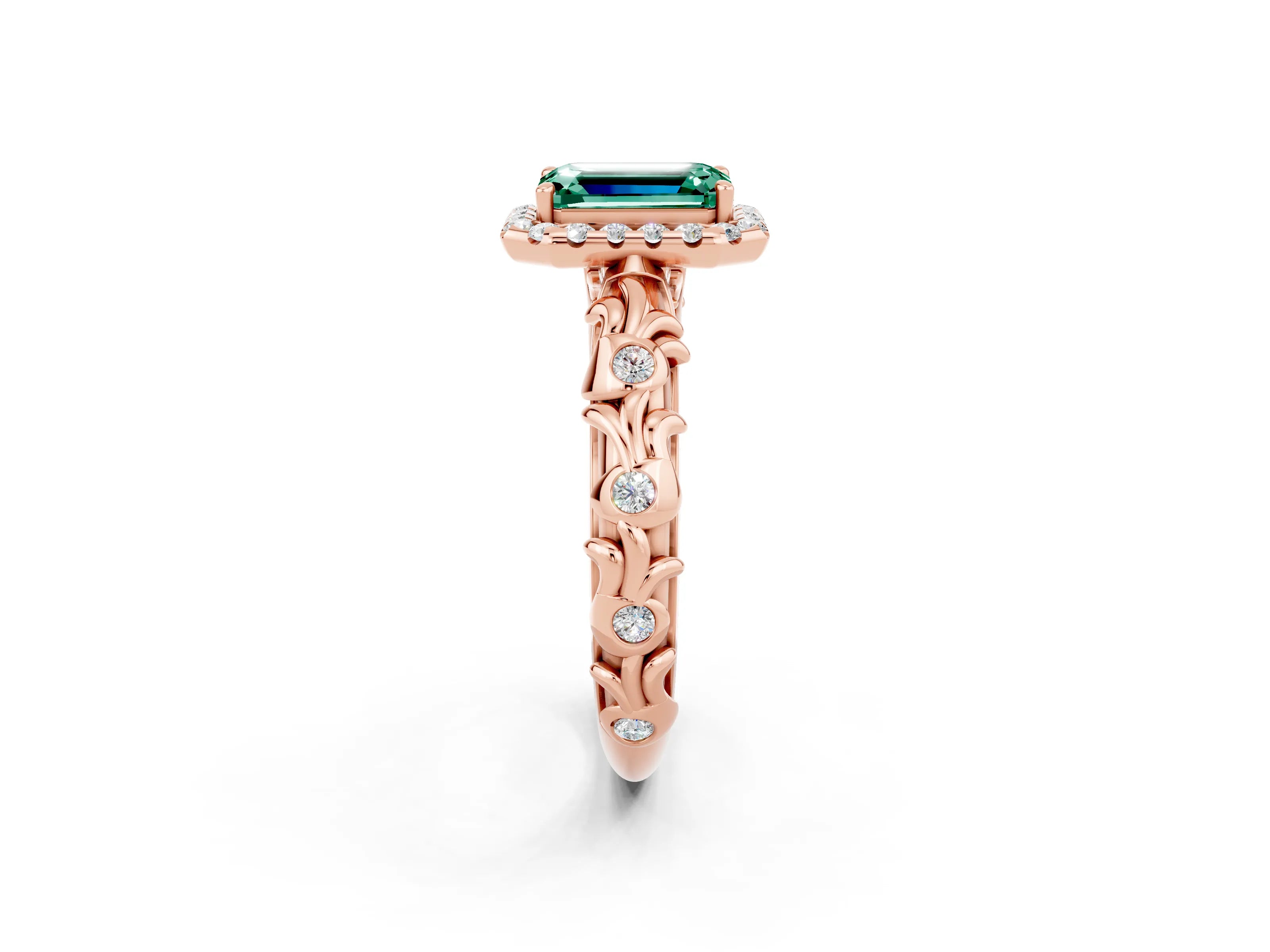 Rose gold Emerald Cut Halo Diamond Solitaire with Filigree Band and Four-Prong Setting_2