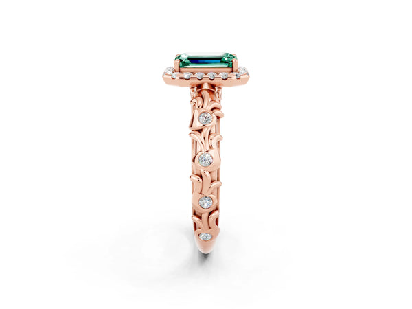 Rose gold Emerald Cut Green Sapphire Halo Ring with Filigree Band and Prong Setting