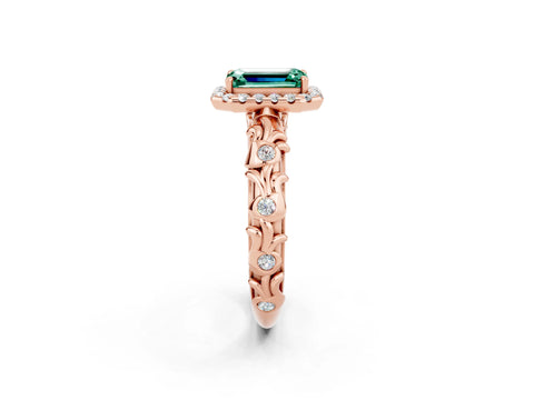 Rose gold Emerald Cut Halo Diamond Solitaire with Filigree Band and Four-Prong Setting_2