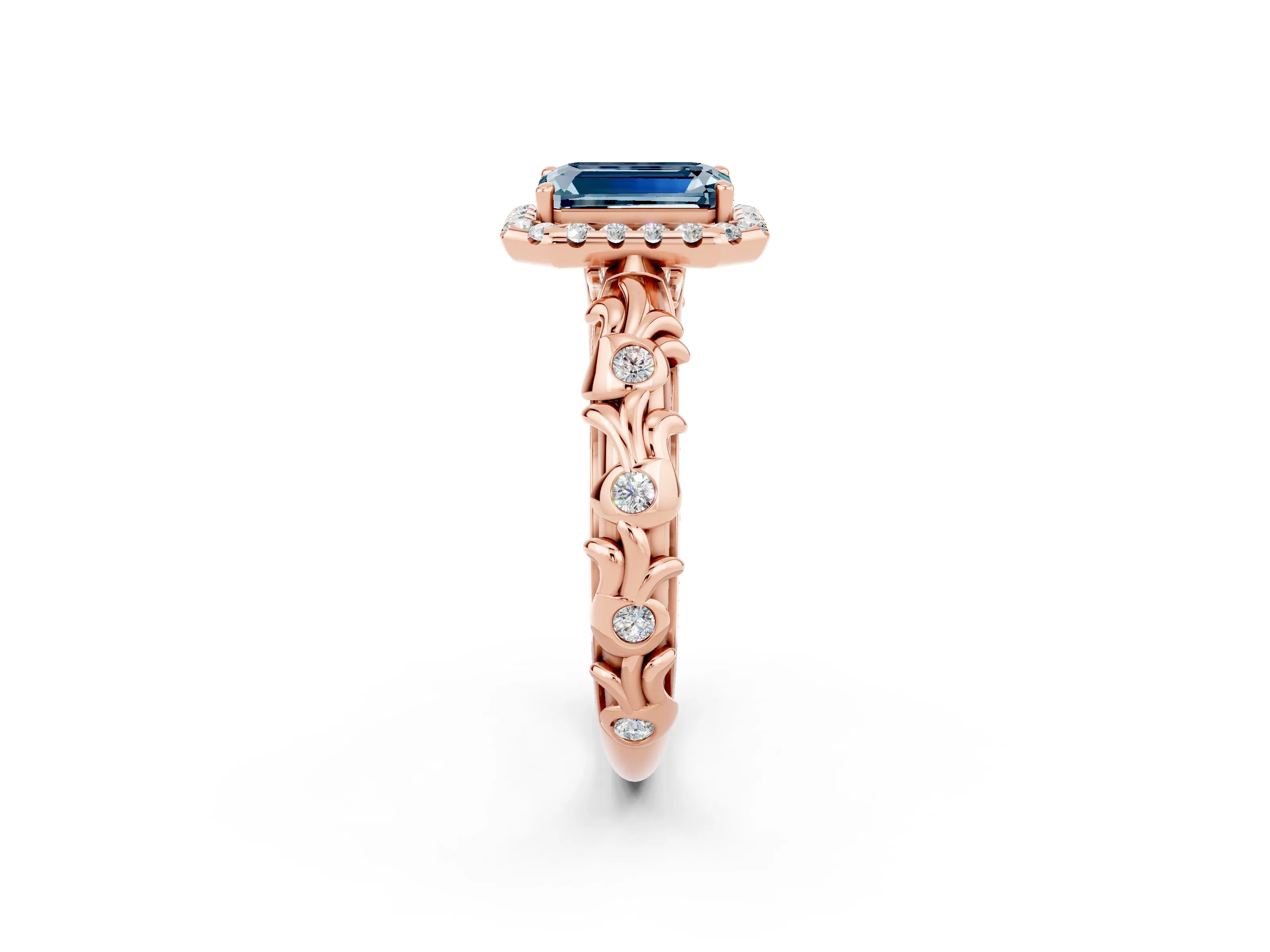 Rose gold Emerald Cut Halo Diamond Solitaire with Filigree Band and Four-Prong Setting_2