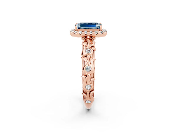 Rose gold Emerald Cut Aquamarine Halo Ring with Filigree Band and Prong Setting