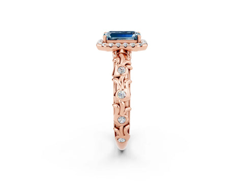 Rose gold Emerald Cut Halo Diamond Solitaire with Filigree Band and Four-Prong Setting_2