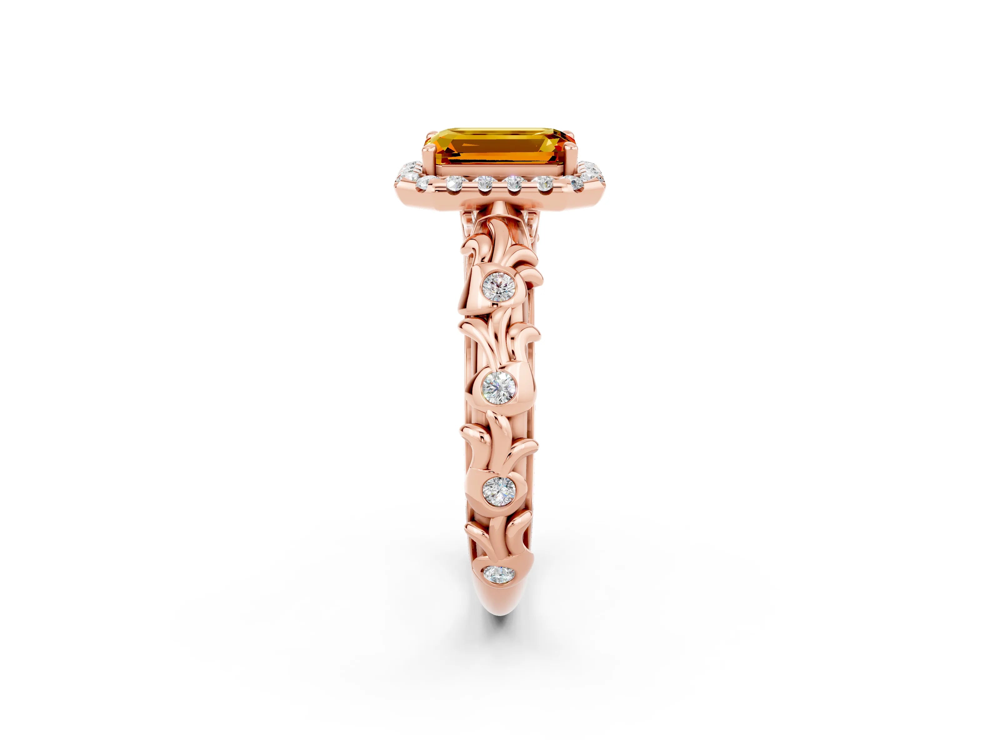 Rose gold Emerald Cut Halo Diamond Solitaire with Filigree Band and Four-Prong Setting_2