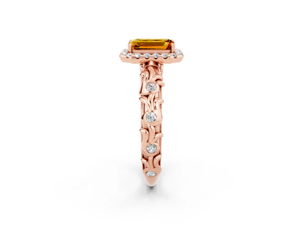 Rose gold Emerald Cut Citrine Halo Ring with Filigree Band and Prong Setting