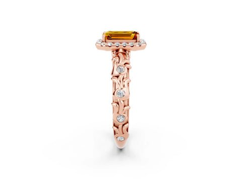 Rose gold Emerald Cut Halo Diamond Solitaire with Filigree Band and Four-Prong Setting_2